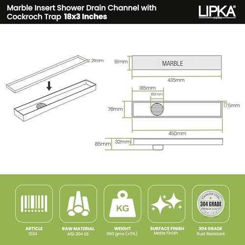 LIPKA Marble Insert Shower Drain Channel | 18 x 3 Inches| 304-Grade Stainless Steel Long Floor Drain for Bathroom & Shower Areas | 21mm Marble Invisible Water Drainer with Side Hole & Cockroach Trap - Image 2