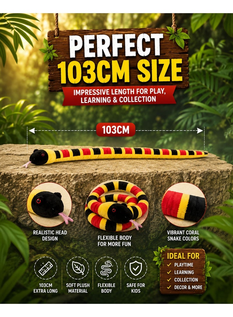 Wild Planet Coral Snake Plush 103cm Long Realistic Snake Stuffed Animal Soft Flexible Reptile Plush Toy Large Wildlife Snake Pillow Educational Jungle Animal Plush Gift for Boys Girls Kids - Image 3