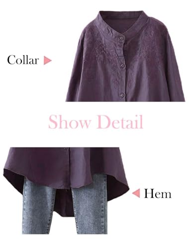 Minibee Women's Cotton Linen Shirt High Low Button Down Embroidered Blouse Long Sleeve Tunic Tops - Image 3