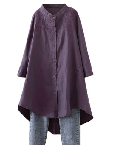 Minibee Women's Cotton Linen Shirt High Low Button Down Embroidered Blouse Long Sleeve Tunic Tops - Image 2