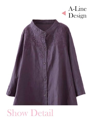 Minibee Women's Cotton Linen Shirt High Low Button Down Embroidered Blouse Long Sleeve Tunic Tops - Image 4