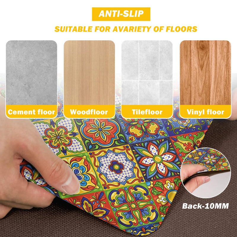 weesire Boho Kitchen Rugs Set 2 Memory Foam Colorful Ceramic Comfort Tile Floor Mat Anti Fatigue Non-Skid PVC Runner Rug Water & Oil Proof Carpet for Kitchen Laundry Sink,17.3x28+17.3x47 Inch, C4 - Image 4