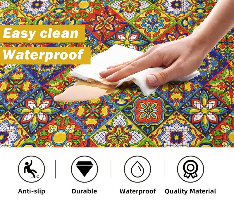 weesire Boho Kitchen Rugs Set 2 Memory Foam Colorful Ceramic Comfort Tile Floor Mat Anti Fatigue Non-Skid PVC Runner Rug Water & Oil Proof Carpet for Kitchen Laundry Sink,17.3x28+17.3x47 Inch, C4 - Image 5