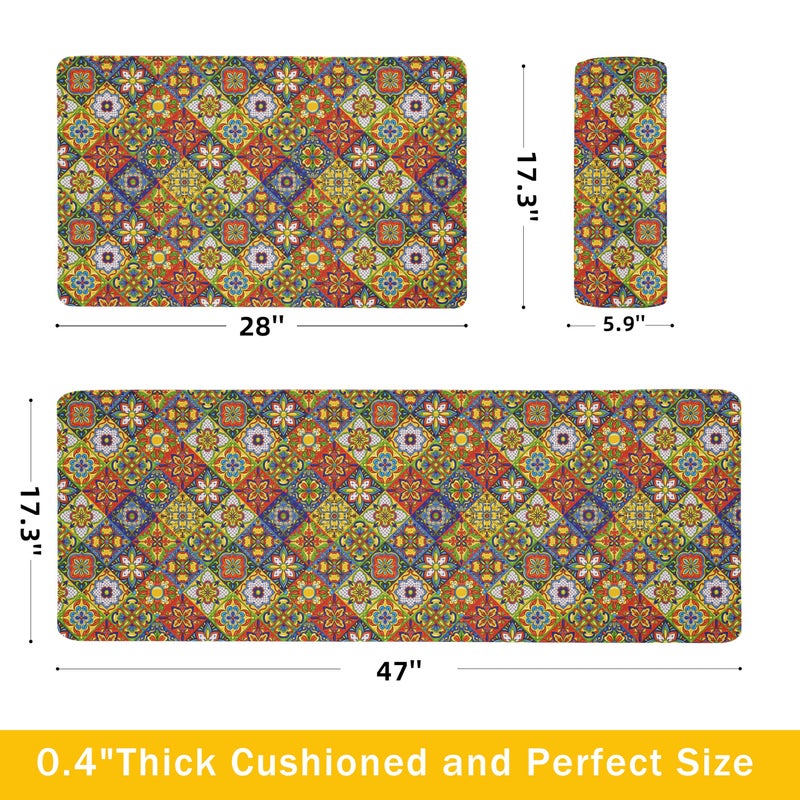 weesire Boho Kitchen Rugs Set 2 Memory Foam Colorful Ceramic Comfort Tile Floor Mat Anti Fatigue Non-Skid PVC Runner Rug Water & Oil Proof Carpet for Kitchen Laundry Sink,17.3x28+17.3x47 Inch, C4 - Image 2