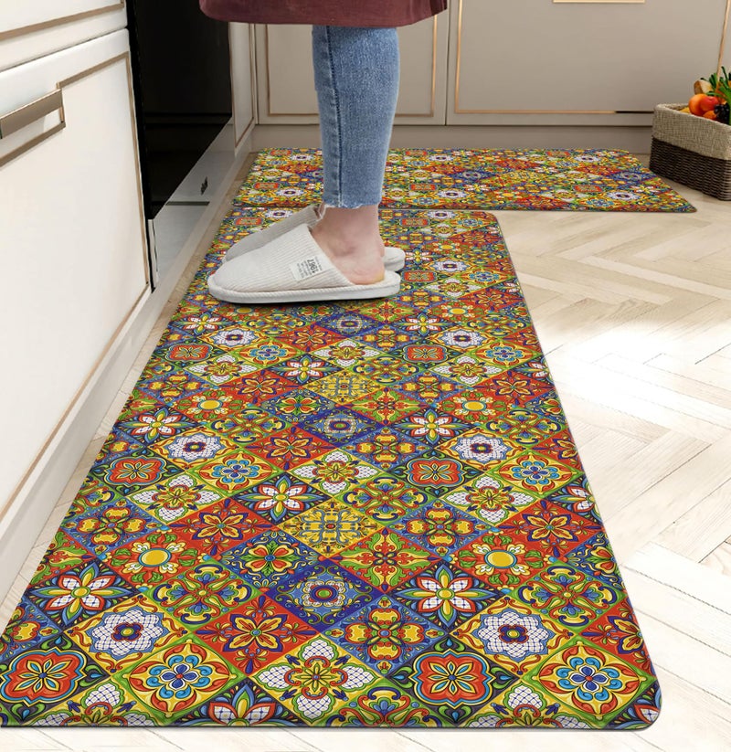 weesire Boho Kitchen Rugs Set 2 Memory Foam Colorful Ceramic Comfort Tile Floor Mat Anti Fatigue Non-Skid PVC Runner Rug Water & Oil Proof Carpet for Kitchen Laundry Sink,17.3x28+17.3x47 Inch, C4 - Image 1