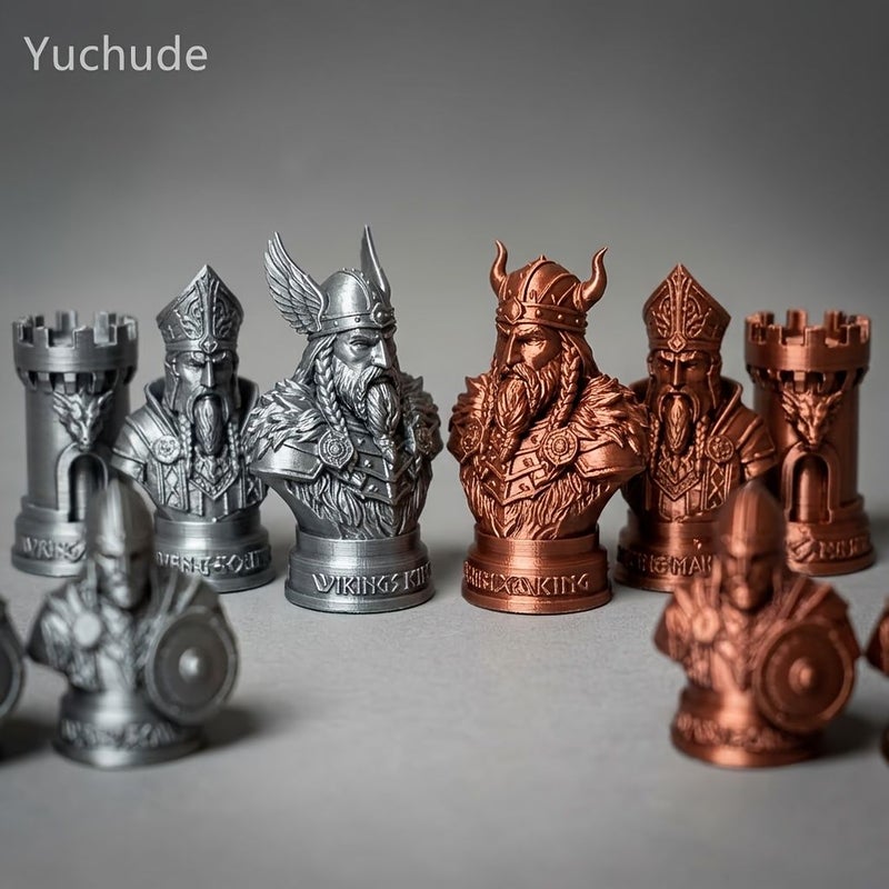 Golden 16 Pieces Viking Epic Retro Metal Texture Nordic Chess Collectible Set 3D Printed - Image 3
