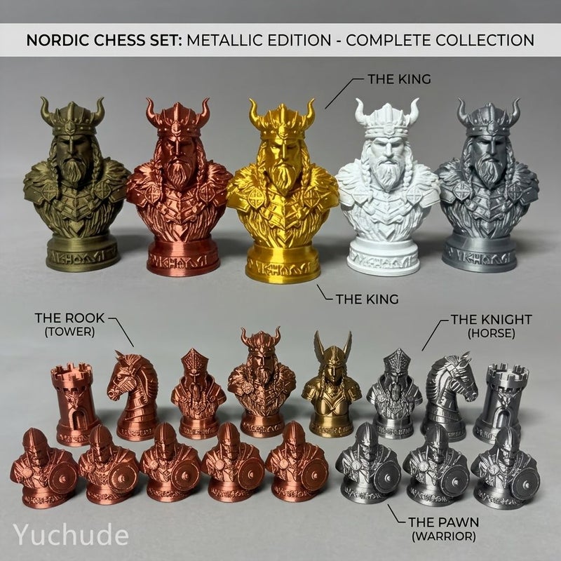 Golden 16 Pieces Viking Epic Retro Metal Texture Nordic Chess Collectible Set 3D Printed - Image 1