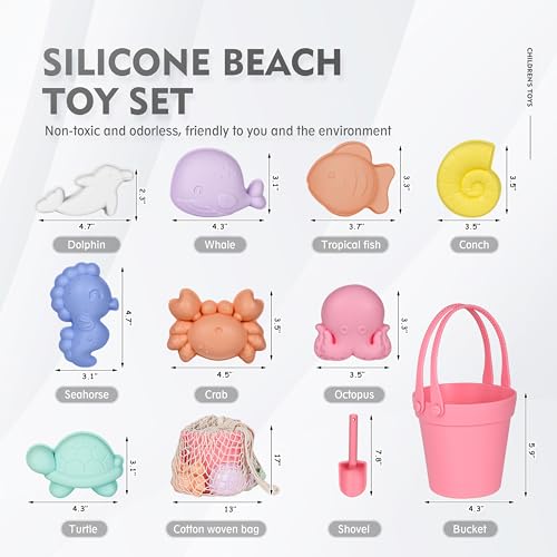 MarcZero 11Pcs Silicone Beach Toys,Modern Baby Beach Toys,Travel Friendly Beach Set,Eco Friendly Toy,Silicone Bucket, Shovel, 8 Sand Molds, Beach Bag,Silicone Sand Toys for Toddlers, Kids (Peach Pink) - Image 2