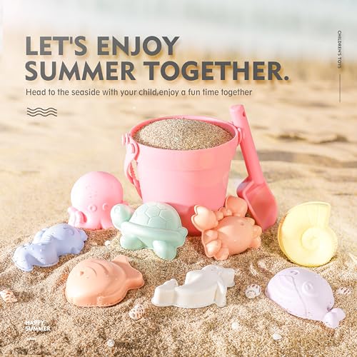 MarcZero 11Pcs Silicone Beach Toys,Modern Baby Beach Toys,Travel Friendly Beach Set,Eco Friendly Toy,Silicone Bucket, Shovel, 8 Sand Molds, Beach Bag,Silicone Sand Toys for Toddlers, Kids (Peach Pink) - Image 3