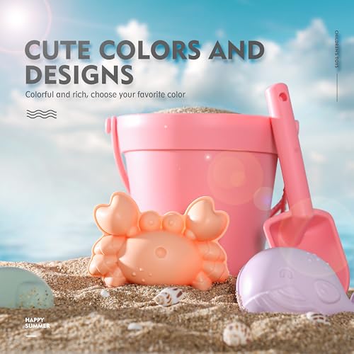 MarcZero 11Pcs Silicone Beach Toys,Modern Baby Beach Toys,Travel Friendly Beach Set,Eco Friendly Toy,Silicone Bucket, Shovel, 8 Sand Molds, Beach Bag,Silicone Sand Toys for Toddlers, Kids (Peach Pink) - Image 4