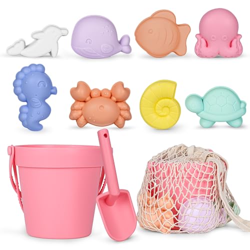 MarcZero 11Pcs Silicone Beach Toys,Modern Baby Beach Toys,Travel Friendly Beach Set,Eco Friendly Toy,Silicone Bucket, Shovel, 8 Sand Molds, Beach Bag,Silicone Sand Toys for Toddlers, Kids (Peach Pink) - Image 1