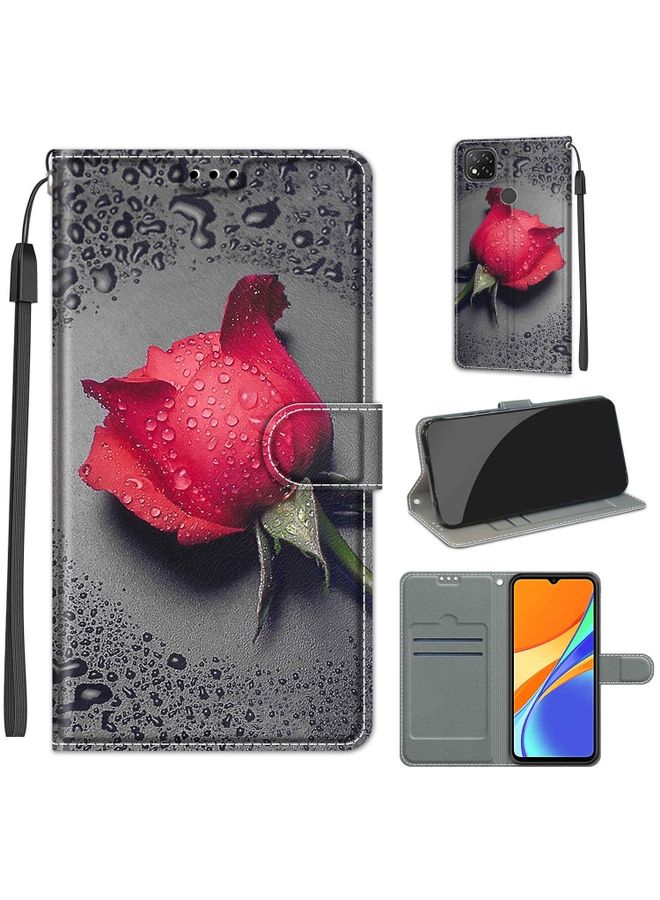 Case Cover For Xiaomi Redmi 9C Voltage Coloured Drawing Magnetic Clasp Horizontal Flip PU Leather Case with Holder & Card Slots C14 Black Water Drop Rose
