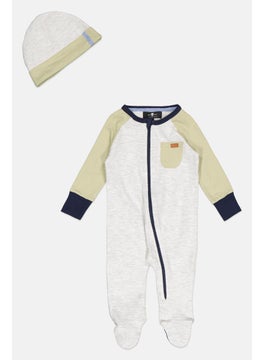 7 FOR ALL MANKIND Toddler Boy 2 Piece Two Tone Long Sleeves Romper And Beanie Hat, Grey/Sage  - Image 1