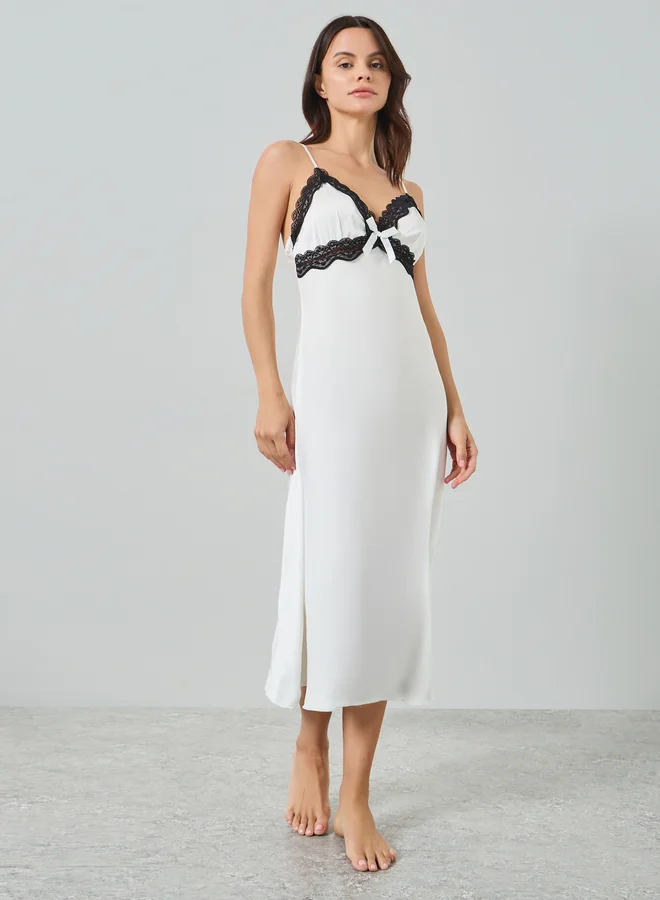 Styli  Satin Lace Trim Strappy Slipdress with Robe Set for Women | Best Price UAE