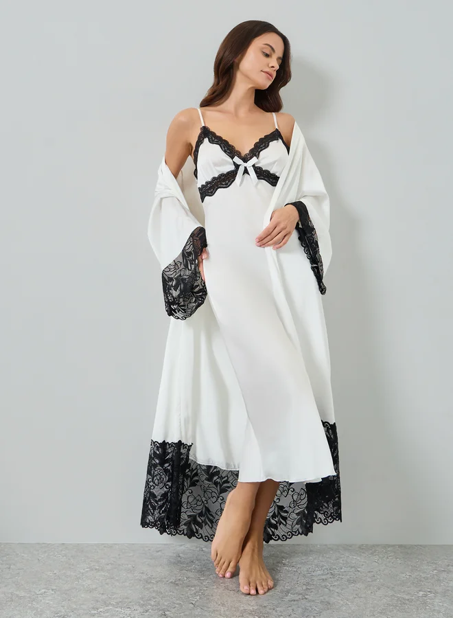 Satin Lace Trim Strappy Slipdress with Robe Set