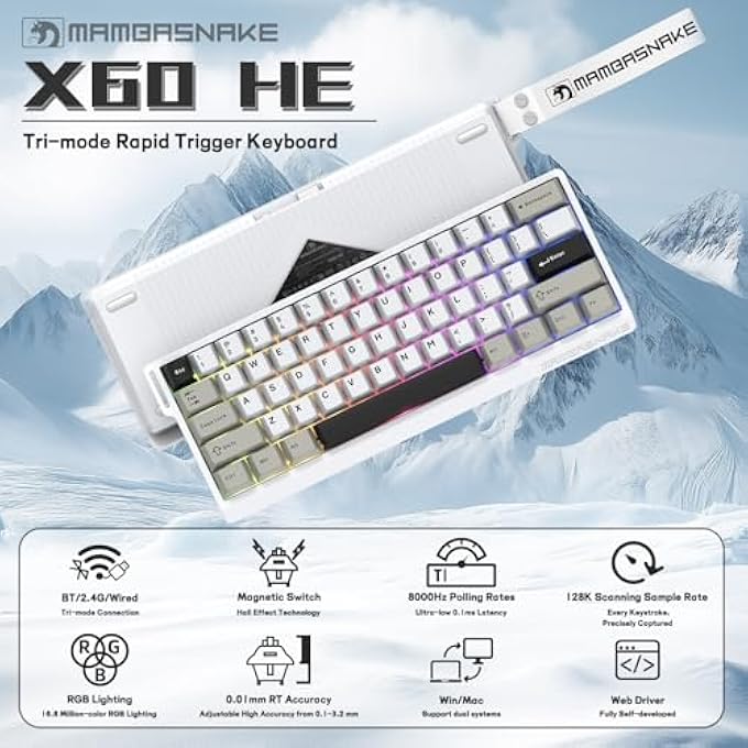 MAMBASNAKE X60 HE 60% RAPID TRIGGER WIRELESS GAMING KEYBOARD,HALL EFFECT MAGNETIC SWITCHES,ADJUSTABLE ACTUATION,0.1MS ULTRA-LOW LATENCY, 8KHZ POLLING RATE,3-MODE RGB,PBT KEYCAPS FOR WIN/MAC-STAR WHITE - Image 2