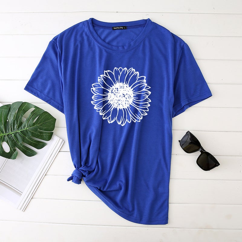 2020 Women's T-shirt Printed Sunflower Pattern Polyester Cotton T-shirt Women's Top s-9701 - Image 3