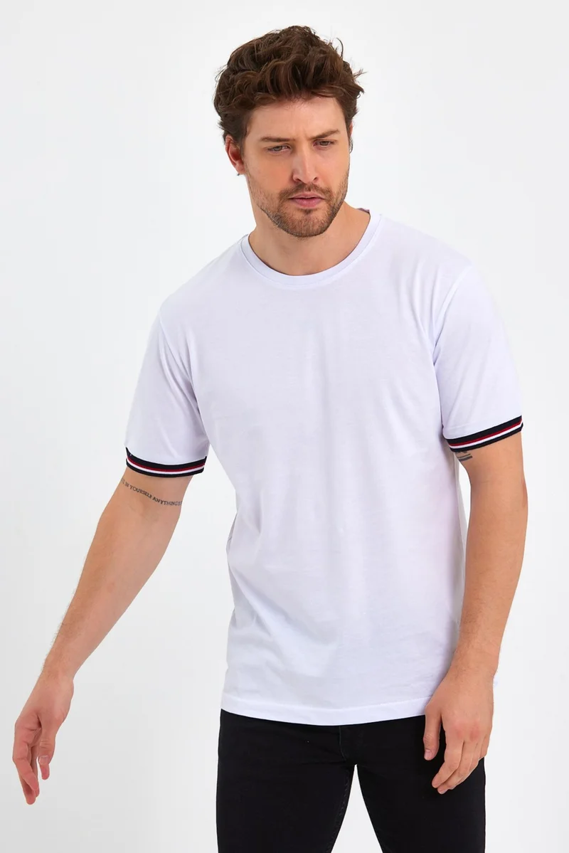 ميتاليك Men's White Basic Sleeves Striped 100% Cotton Crew Neck Regular Fit T-Shirt