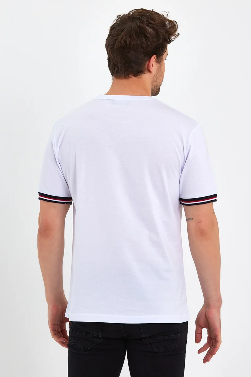 ميتاليك Men's White Basic Sleeves Striped 100% Cotton Crew Neck Regular Fit T-Shirt
