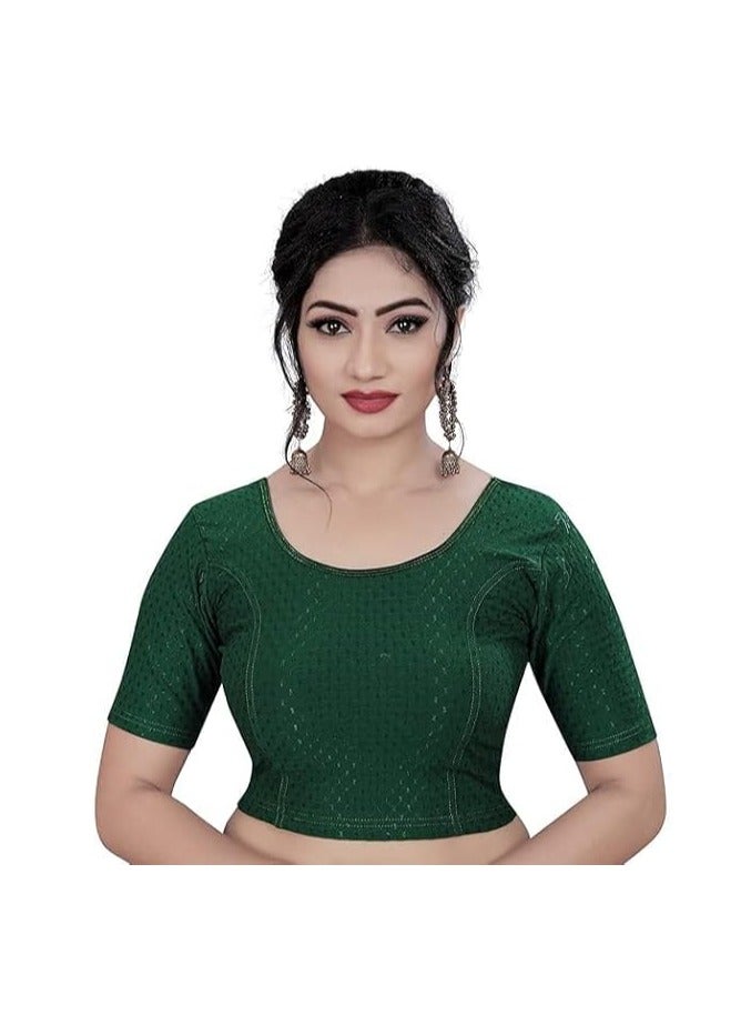 Accessorize Kingdom Round Neck Dobby Cotton Lycra Stretchable Elbow Sleeve Readymade Saree Blouse for Women Stylish - Image 1