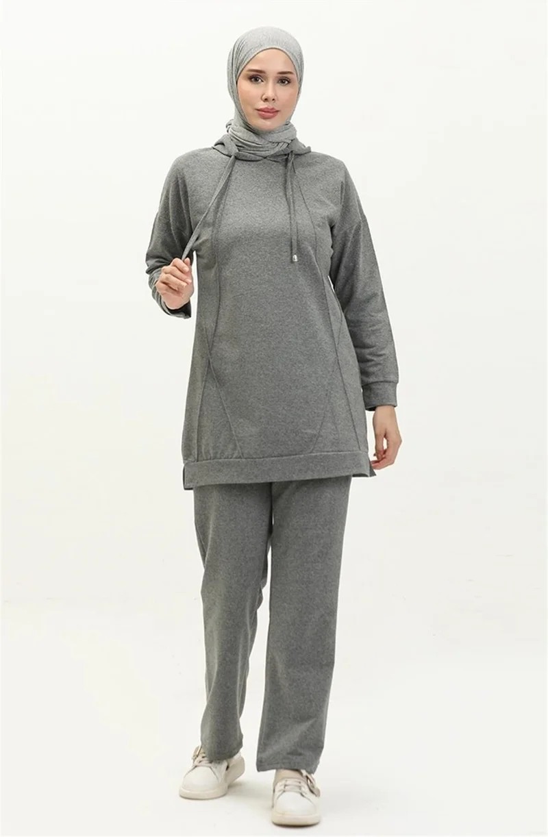 Bwest Hooded O Neck Plain Basic Double Tracksuit Sports Set - 3039 - Anthracite