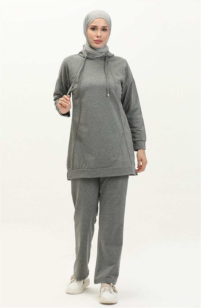 Bwest Hooded O Neck Plain Basic Double Tracksuit Sports Set - 3039 - Anthracite - Image 1