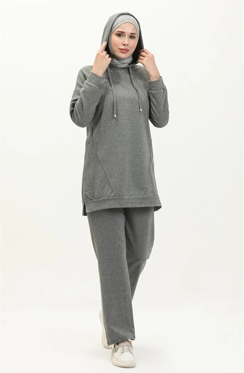 Bwest Hooded O Neck Plain Basic Double Tracksuit Sports Set - 3039 - Anthracite