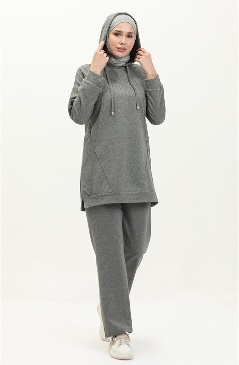 Bwest Hooded O Neck Plain Basic Double Tracksuit Sports Set - 3039 - Anthracite - Image 2