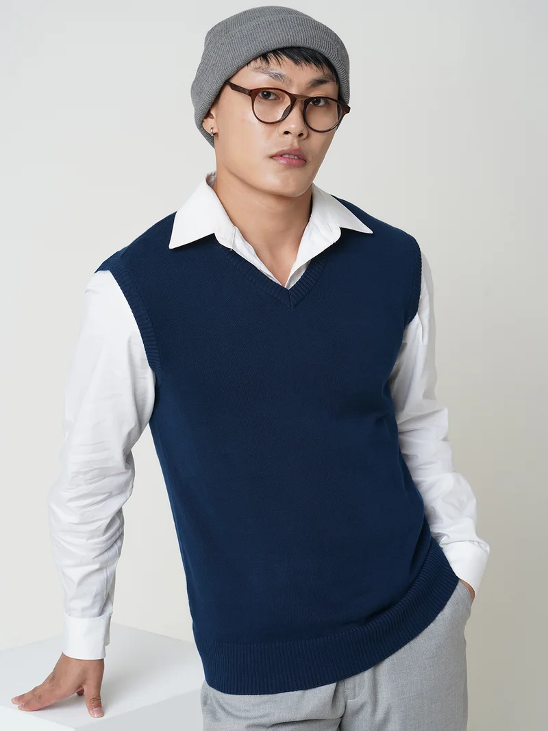 Globus Men Navy Blue V-Neck Sleeveless Cotton Knitted Ribbed Hem Sweater Vest