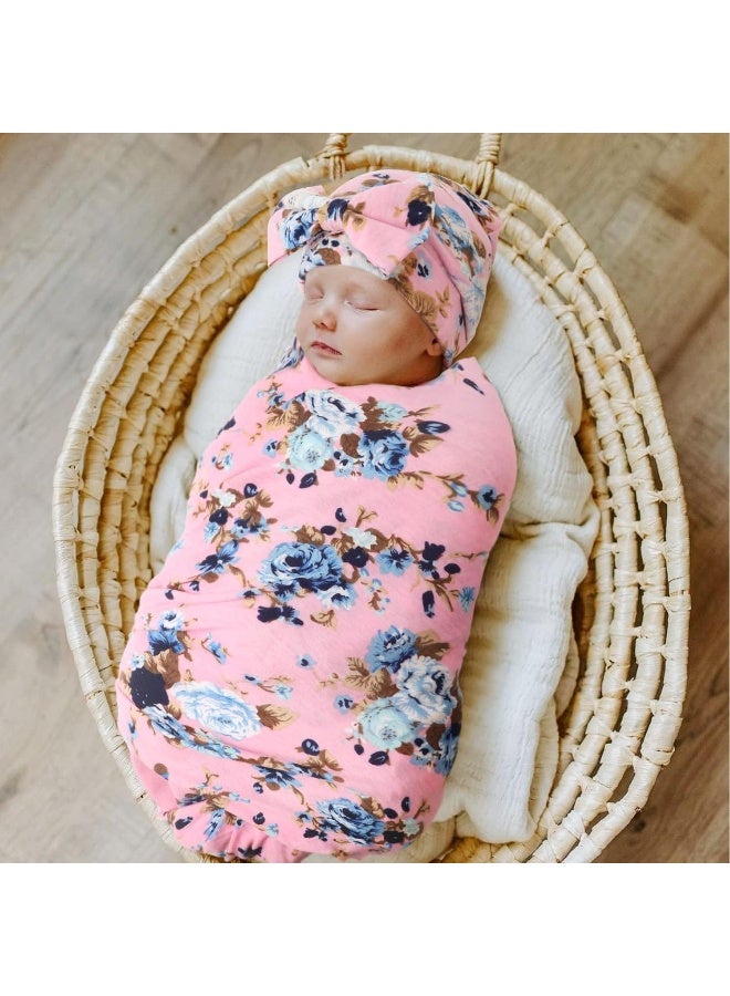 DRESHOW BQUBO Newborn Receiving Blanket with Bow Hat Set Flower Print Baby Swaddle Blanket with Beanie Nursery Swaddle Wrap - Image 2