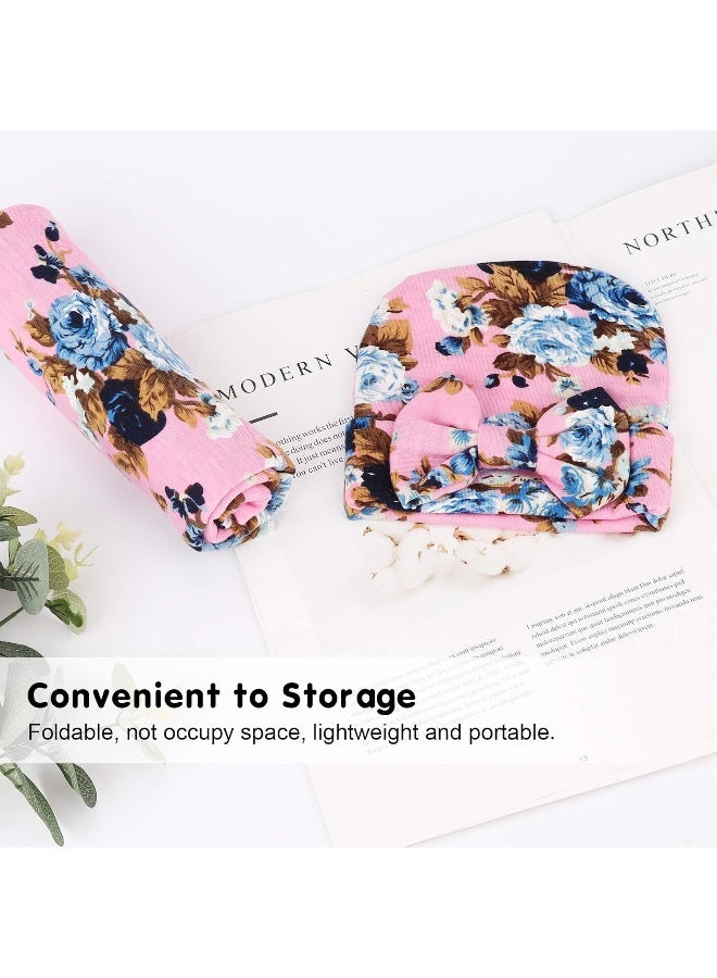 DRESHOW BQUBO Newborn Receiving Blanket with Bow Hat Set Flower Print Baby Swaddle Blanket with Beanie Nursery Swaddle Wrap - Image 4