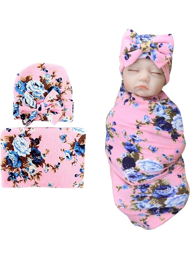 DRESHOW BQUBO Newborn Receiving Blanket with Bow Hat Set Flower Print Baby Swaddle Blanket with Beanie Nursery Swaddle Wrap - Image 1