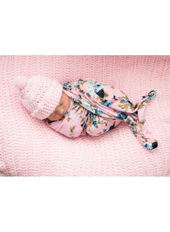 DRESHOW BQUBO Newborn Receiving Blanket with Bow Hat Set Flower Print Baby Swaddle Blanket with Beanie Nursery Swaddle Wrap - Image 3
