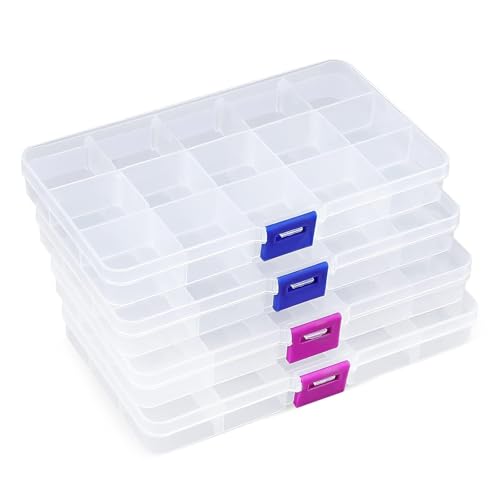 Opret 15 Grids Bead Organizer(4 Pack), Earring Organizer Box, SMALL Plastic Clear Organizing Containers with Adjustable Dividers for Crafts Jewelry Screws Small Items, Size 6.9×3.9×0.9in - Image 1