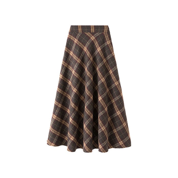 Wool Plaid Midi Skirt Women Autumn Winter High Waist A-Line Brown