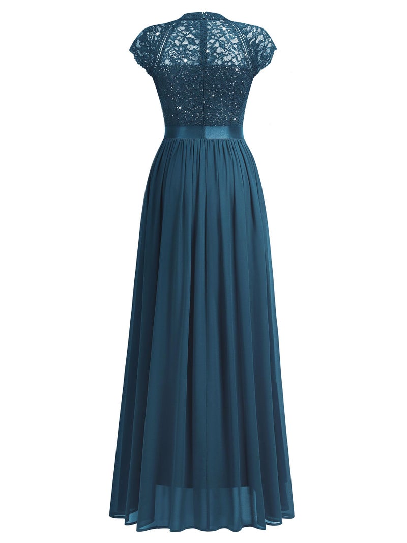 Miusol Women's Elegant Sequin Lace Contrast Chiffon Split Style Evening Party Maxi Dress (Large, Coral Blue) - Image 5