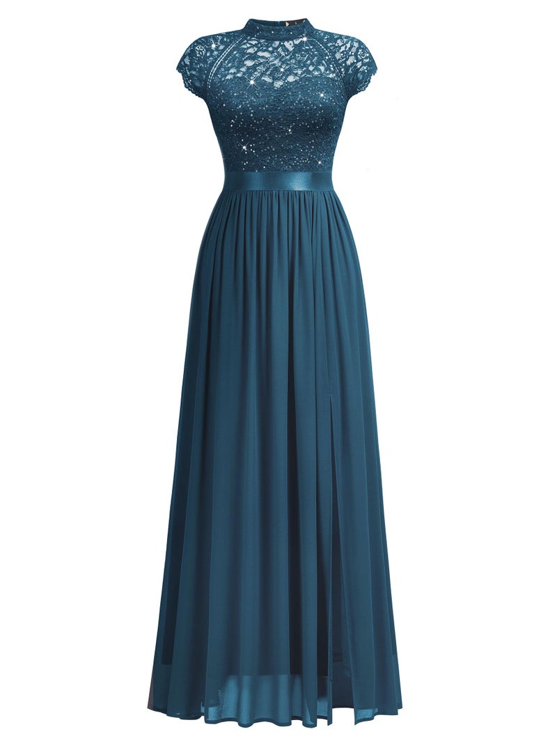 Miusol Women's Elegant Sequin Lace Contrast Chiffon Split Style Evening Party Maxi Dress (Large, Coral Blue) - Image 4
