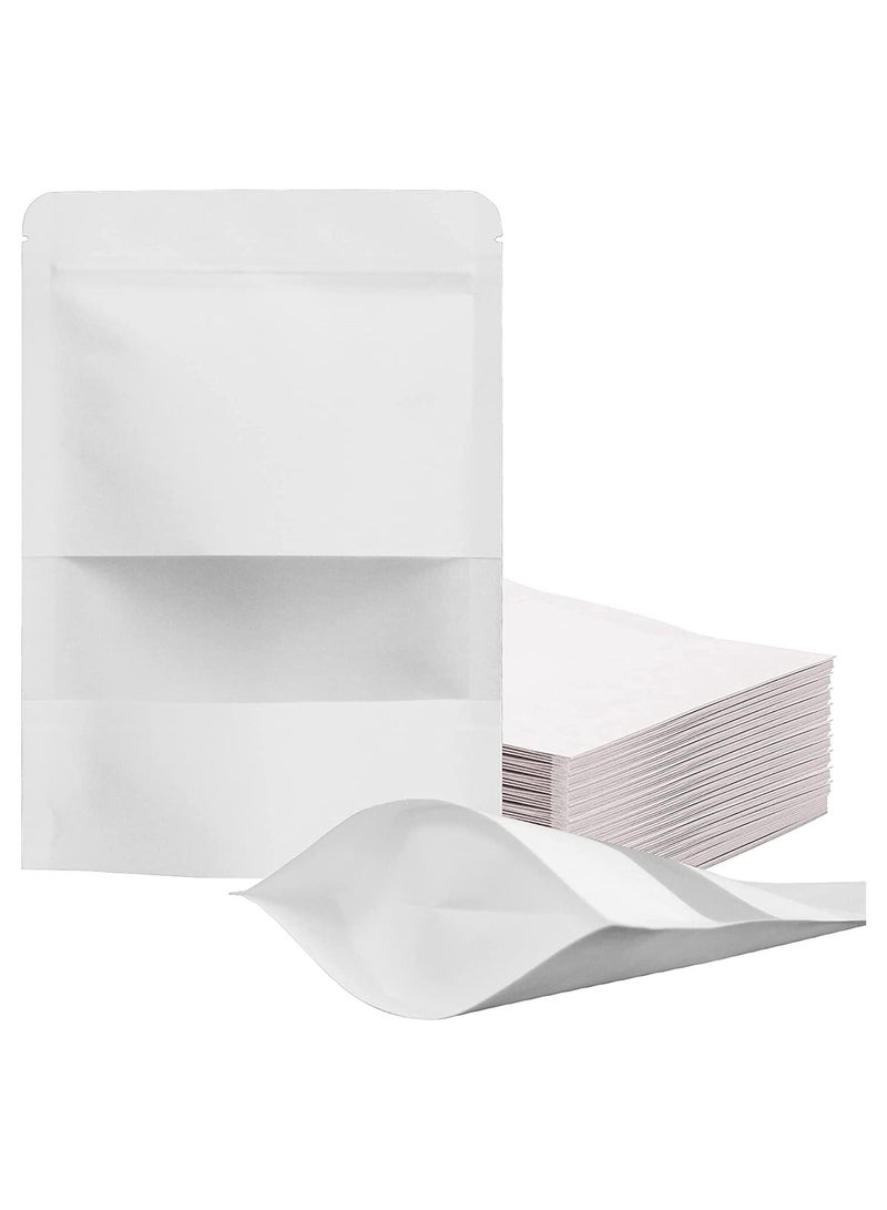 Generic White Kraft Stand Up Pouch Bags 14*22cm , 50 Pack Reusable Zip Lock Paper Pouches with Matte Window and Tear-away Notch for Multi-purpose Storage  - Image 1
