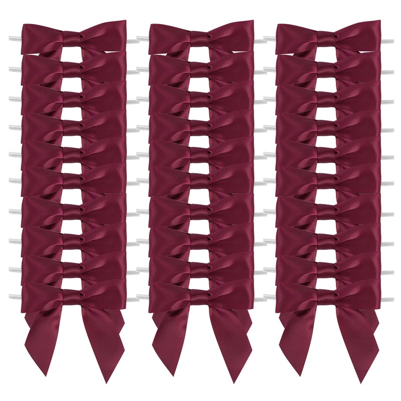 AIMUDI Burgundy Satin Ribbon Twist Tie Bows 35 Pretied Bows Wine Premade Craft Bows for Treat Bags Cake Pop Gift Wrapping Basket Wedding Favors Cookie Candy Bagging Baby Shower 50 Counts