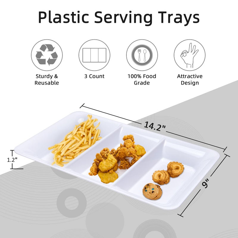Lullaby 3 Sectional Plastic Serving Tray 14.2"" x 9""  3 Pack White Serving Platters for Cheese Cracker Food  Durable and Reusable - Image 2