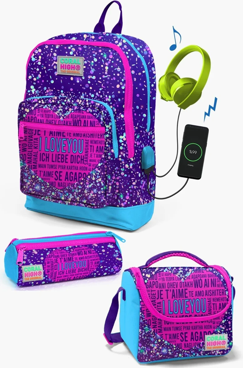 CORAL HIGH Kids Purple Blue Pink Heart Patterned USB 3-Piece School Bag Set SET0123840