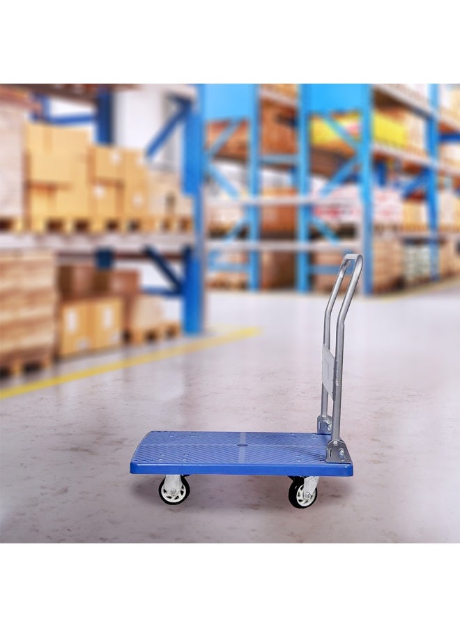 Restaurantware RW Clean 31.5 x 20.9 x 32.7 Inch Platform Cart, 1 Small Flat Hand Cart - 660-Pound Capacity, Foldable Handle, Blue Plastic Flatbed Dolly Cart, Heavy-Duty, For Warehouses or Homes  - Image 3