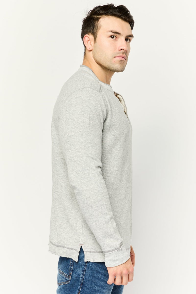 TRUE GRIT Men Henley Neck Long Sleeve Heather T-Shirts, Light Grey - Image 3
