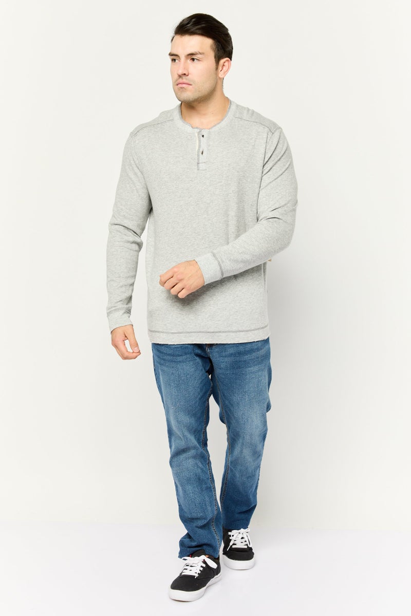 TRUE GRIT Men Henley Neck Long Sleeve Heather T-Shirts, Light Grey - Image 1