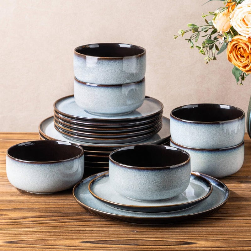 LeRATIO Ceramic Dinnerware Set of 4, Poreclain Plates, Bowls, Handmade Reactive Glaze Dishes, Chip Resistant, Oven & Dishwasher Safe, Service for 4-Gray White - Image 1