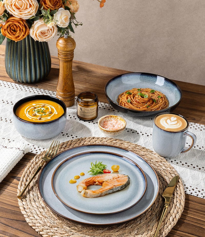 LeRATIO Ceramic Dinnerware Set of 4, Poreclain Plates, Bowls, Handmade Reactive Glaze Dishes, Chip Resistant, Oven & Dishwasher Safe, Service for 4-Gray White - Image 4