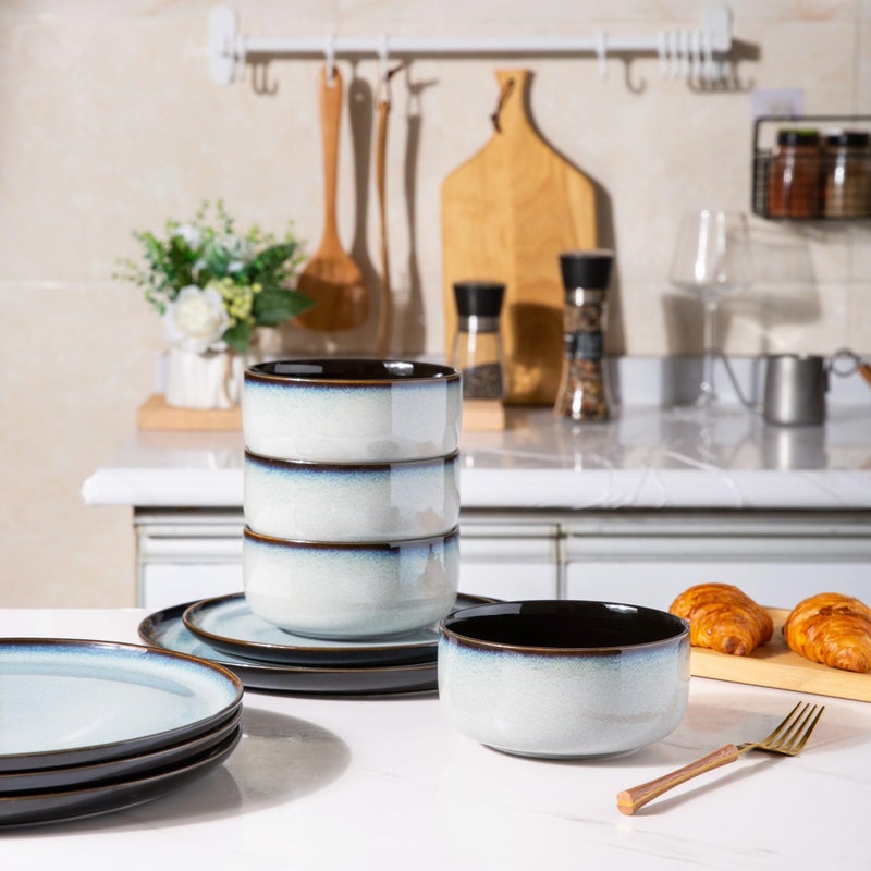 LeRATIO Ceramic Dinnerware Set of 4, Poreclain Plates, Bowls, Handmade Reactive Glaze Dishes, Chip Resistant, Oven & Dishwasher Safe, Service for 4-Gray White - Image 5