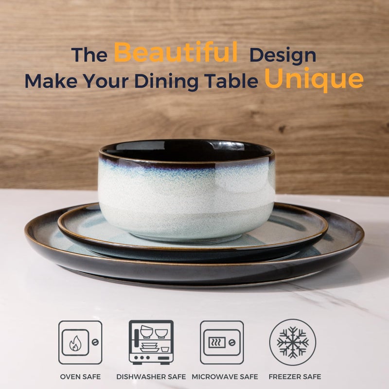 LeRATIO Ceramic Dinnerware Set of 4, Poreclain Plates, Bowls, Handmade Reactive Glaze Dishes, Chip Resistant, Oven & Dishwasher Safe, Service for 4-Gray White - Image 2
