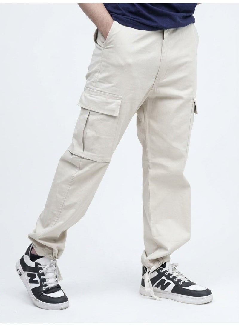 Sporty Heavy-Duty Stretchable Cotton Cargo Pants – Off White - Image 1
