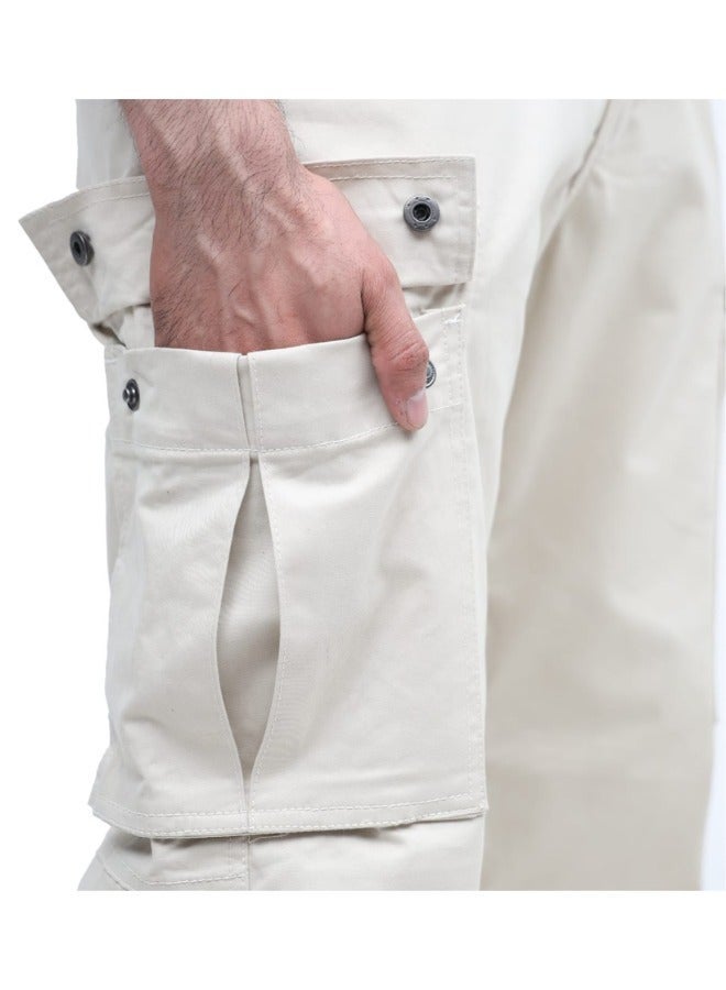 Sporty Heavy-Duty Stretchable Cotton Cargo Pants – Off White - Image 4